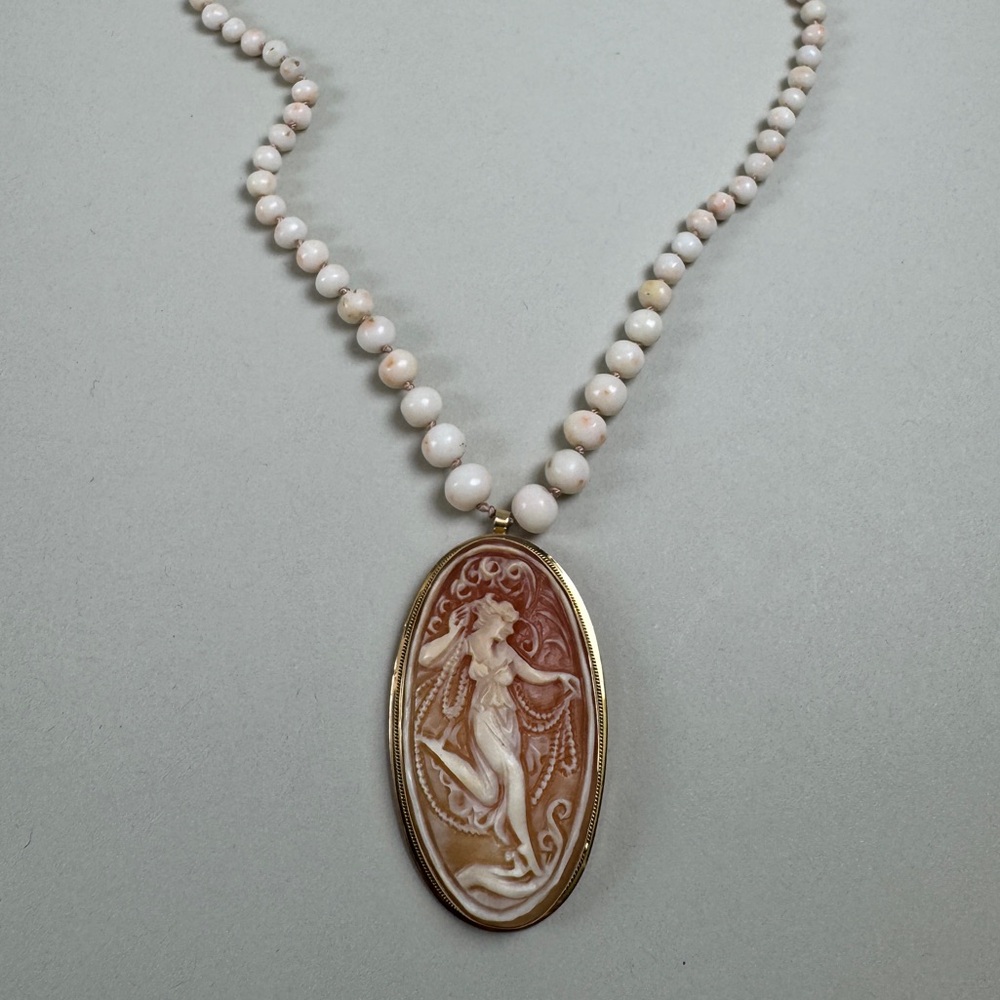 Antique 14K Solid Gold Cameo Pendant with Angel Skin Coral Necklace